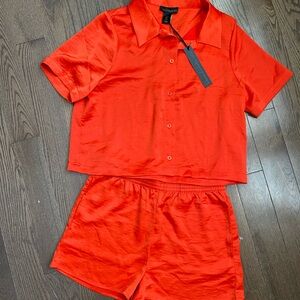 House of Harlow Vibrant Red Orange Satin Shirt and Shorts Set NWT small